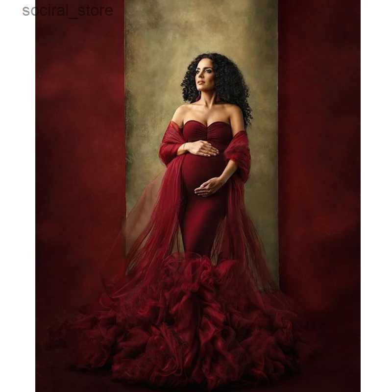 Maternity Dresses Mermaid Spandex Maternity Robes for Pregnant Women Sweetheart Photo Shoot Dress Floor Length Side Split Baby Shower Gown L240308