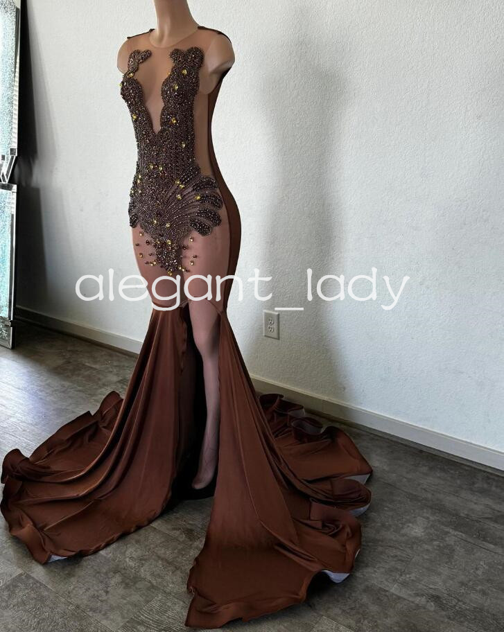 Brown Long Sparkly Prom Formal Dresses for Black Girl 2024 Luxury Diamond Crystal Slit Evening Birthday Gown vestido festa