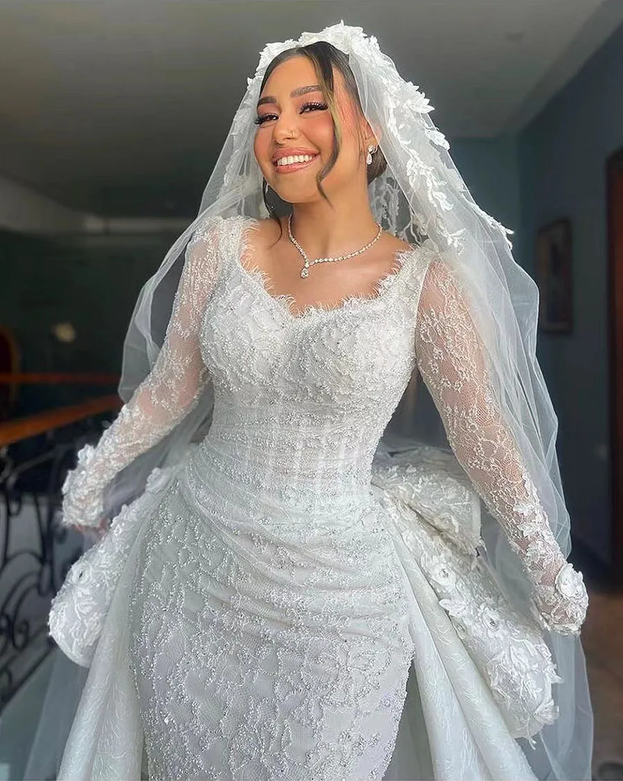 Middle East Long Sleeves Wedding Mermaid Dresses Detachable Train Longsleeve 3D-Ral Appliques Beaded Engagement Lace 6660311