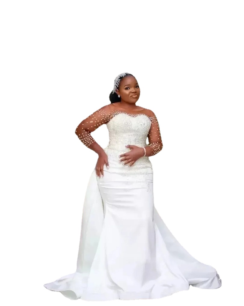 2024 Pearls Plus Size Mermaid Wedding Gowns With Detachable Train Lace Appliques Bridal Dress Long Sleeves Robe De Mariee 0219