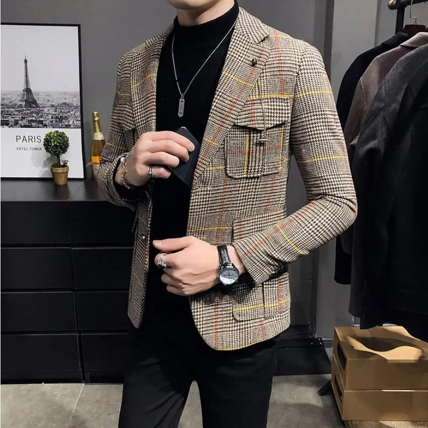 Spring Men Plaid Blazers British Printed Wedding Business Casual Blazer Suit Jacket Male Formal Blazers Plus Size S-3XL 240306