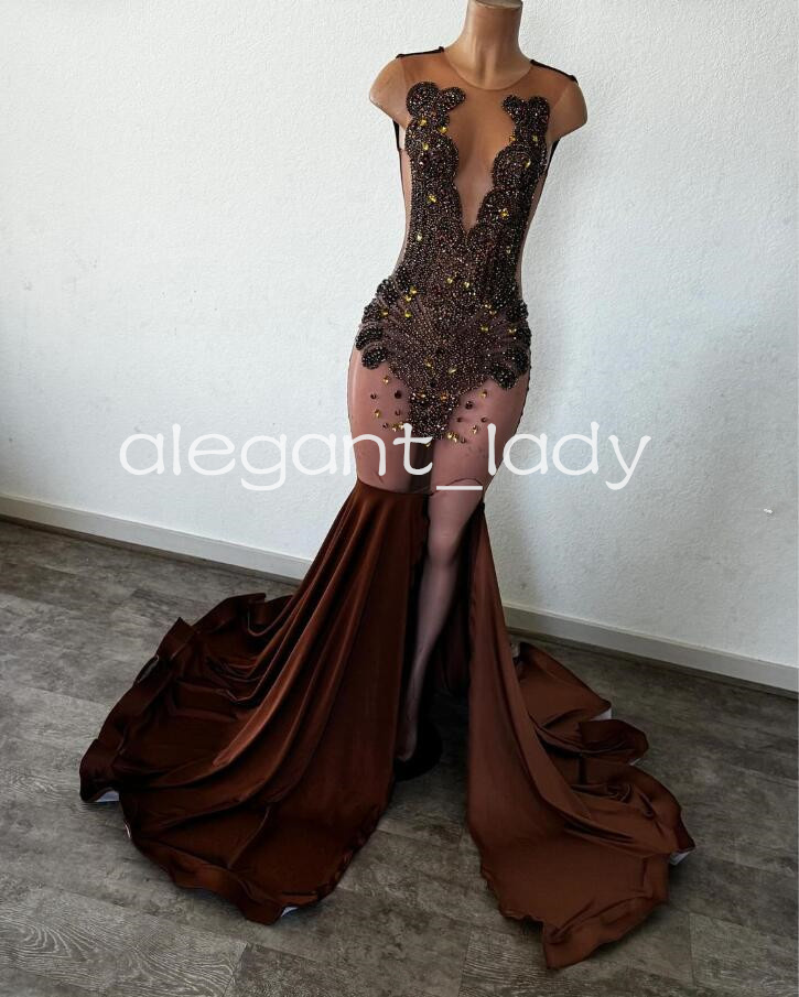 Brown Long Sparkly Prom Formal Dresses for Black Girl 2024 Luxury Diamond Crystal Slit Evening Birthday Gown vestido festa