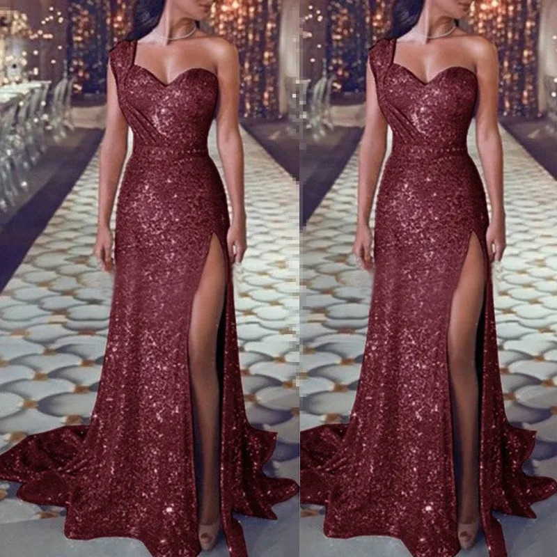 Sequined Maxi Dress, Deep V Neck One Shoulder, Elegant Evening Wedding Party Dress For Women, Sleeveless, Long,