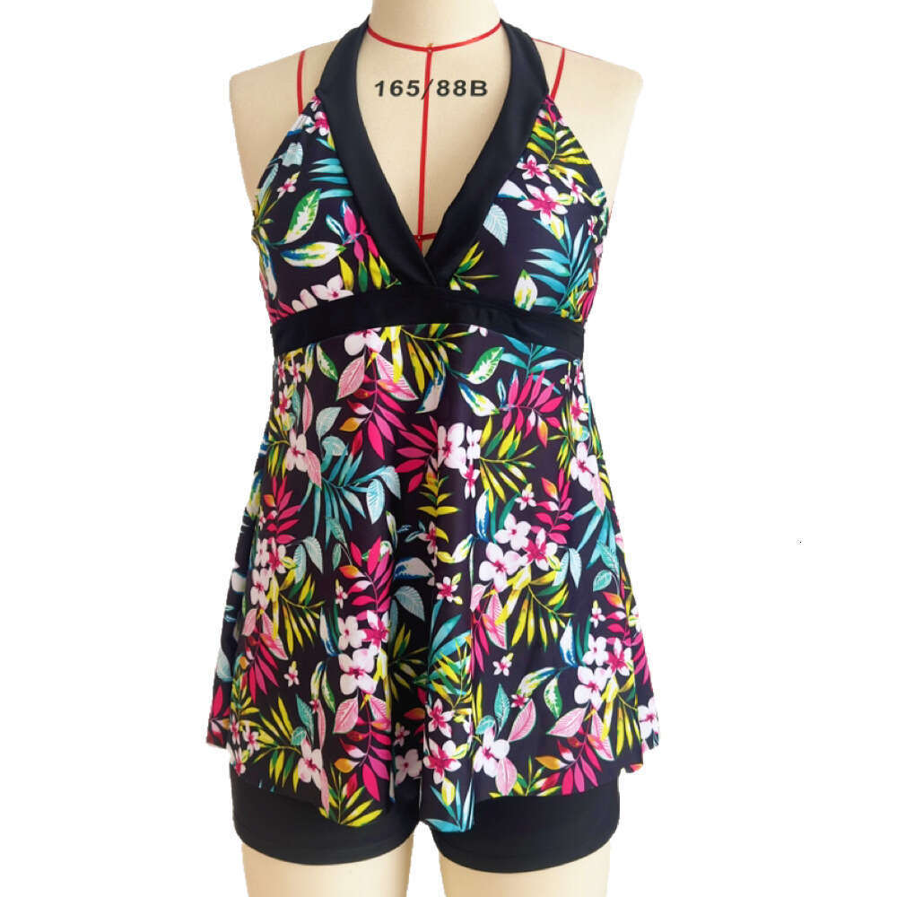 2024 New Split Women's Belly Covering Conservative Slimming V-neck Printed Tankini Swimsuit