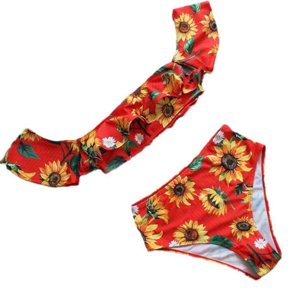 2024 New Split One Line Shoulder Lotus Leaf Edge Suower Print High Waist Sexy Bikini Swimsuit