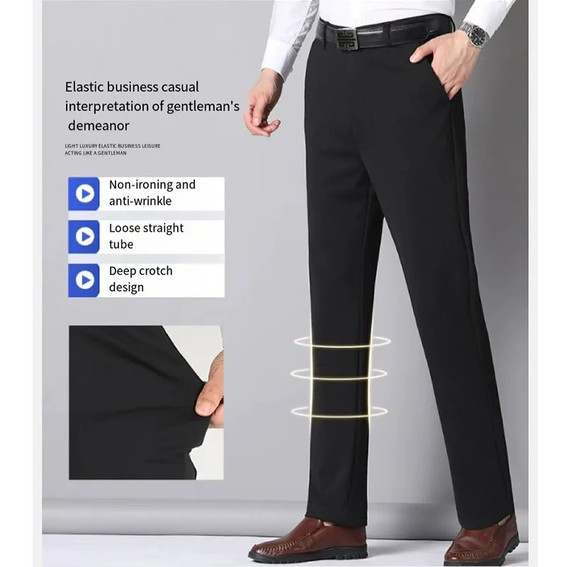 Mens Summer Thin Fashion Business Casual Suit Pants Long Elastic Straight Sleeve Formal Plus Size 2840 240226