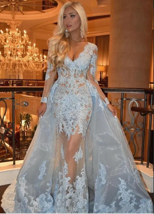 Blue Sky Long Sleeves Prom Deep V Neck Appliques Lace Tulle Illusion Overskirts Evening Dresses Formal Mermaid Party Gowns Vestidos Estidos