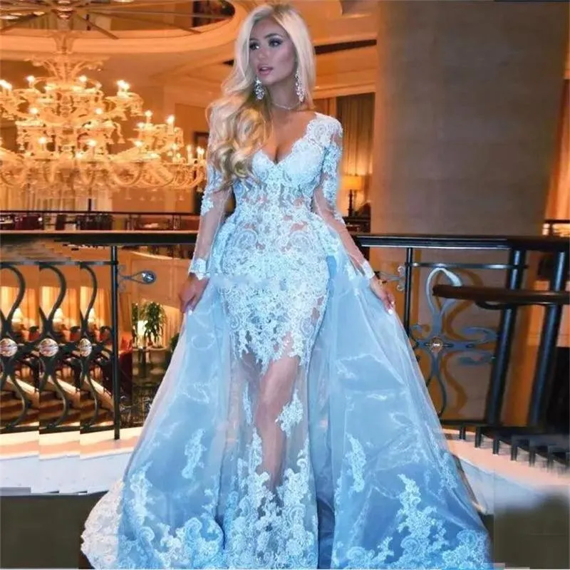 Blue Sky Long Sleeves Prom Deep V Neck Appliques Lace Tulle Illusion Overskirts Evening Dresses Formal Mermaid Party Gowns Vestidos Estidos
