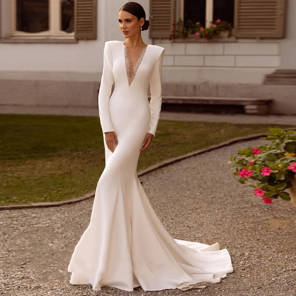 Simple Ivory Mermaid Wedding Dresses Crystals Beaded Sheer V-Neck Long Sleeves Elegant Satin Bridal Gowns Sweep Train Bride Reception Dress 2024