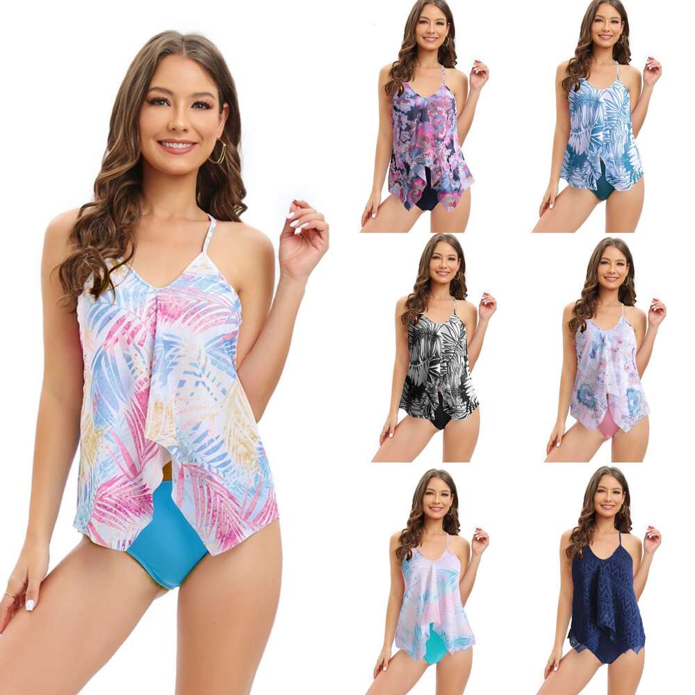 2024 Split Tankini Two-piece Set with Mesh Print Conservative Oversized Swimsuit