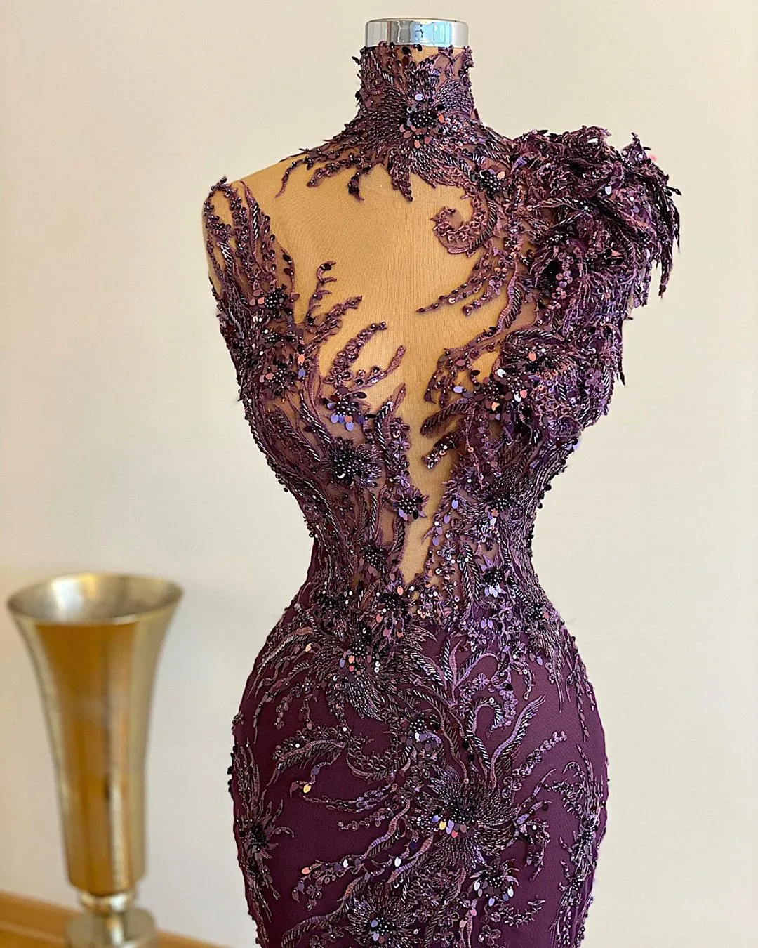 Ebi Aso Arabic Purple Urious Mermaid Evening Beaded Lace Prom Dresses High Neck Formal Party Second Reception Gowns Zj