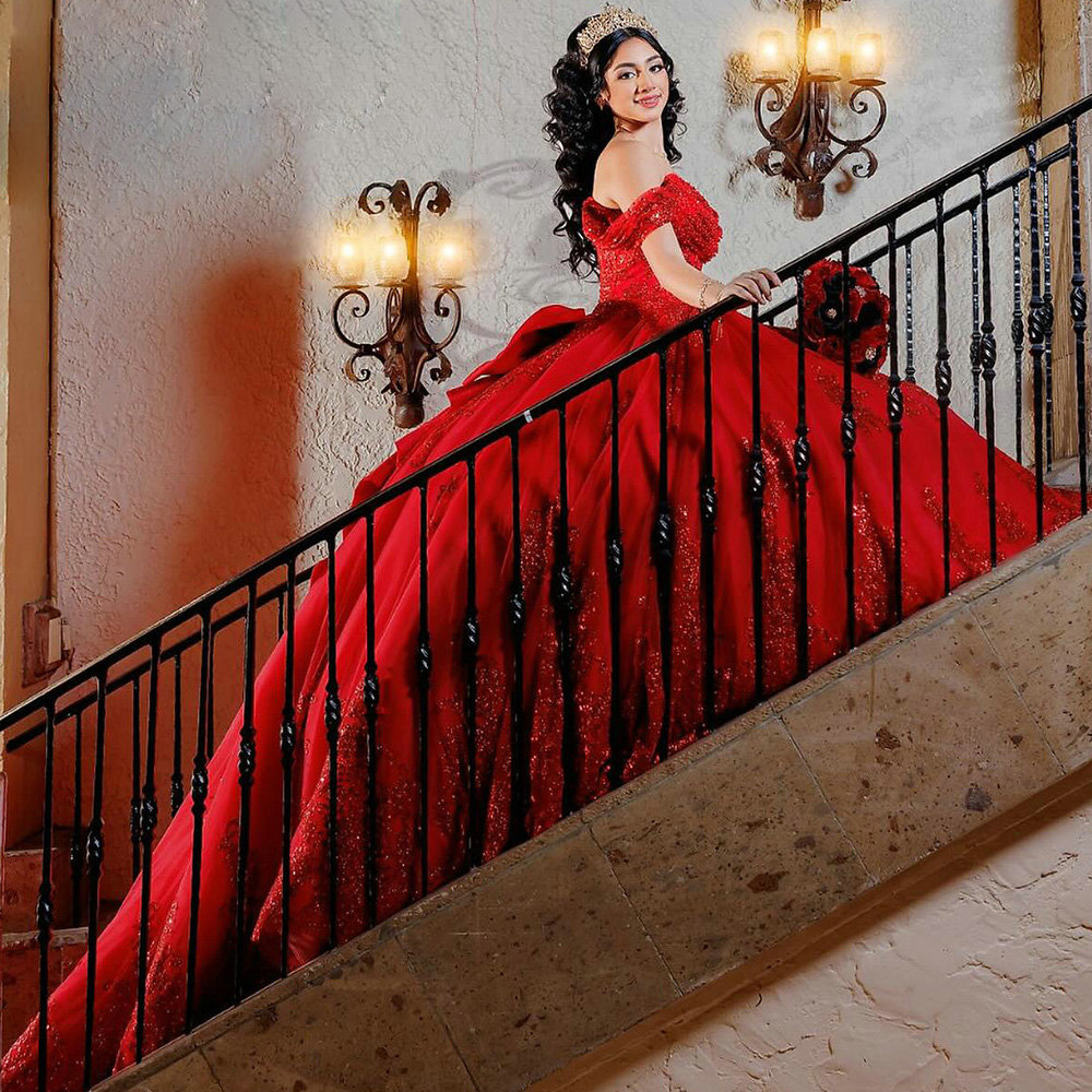 Red Sparkly Sequined Appliques Quinceanera Dresses Ball Gown Off The Shoulder Bow Princess for Sweet 15 Birthday Party 0516