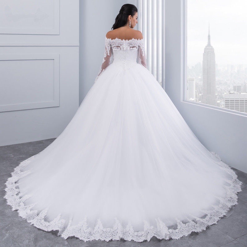 Designer New Bride Wedding Dress Spring Boat Neck Long Sleeves Lace Appliques Tulle Bridal Formal Gowns Vestidos De Novias