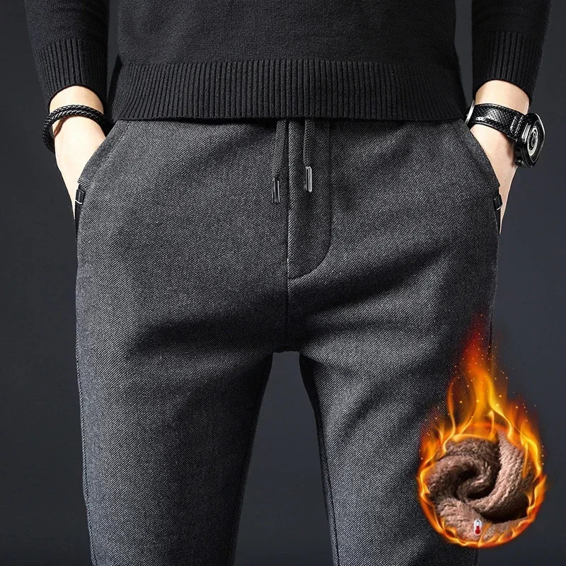 Winter Fleece Warm Casual Pants Men Brushed Fabric Business Work Fashion Slim Thick Flocking Velvet Cotton Black Trousers Male 240226