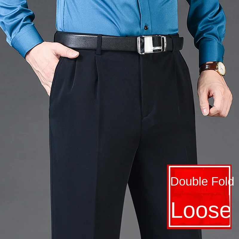Double Pleated Mens suit pants Loose Fitting High Waist Trousers for Male Casual Business Formal Dress Pants Thick Autumn Winter 240226