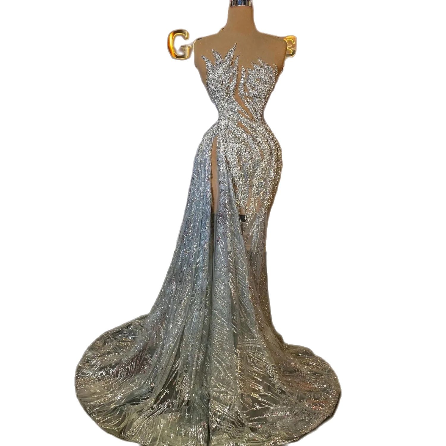 Mermaid Sparkly Prom Dress V Neck Sleeveless Sequins D Lace Hollow Side Slit Shine Beaded Appliques Evening Dresses Custom Made B