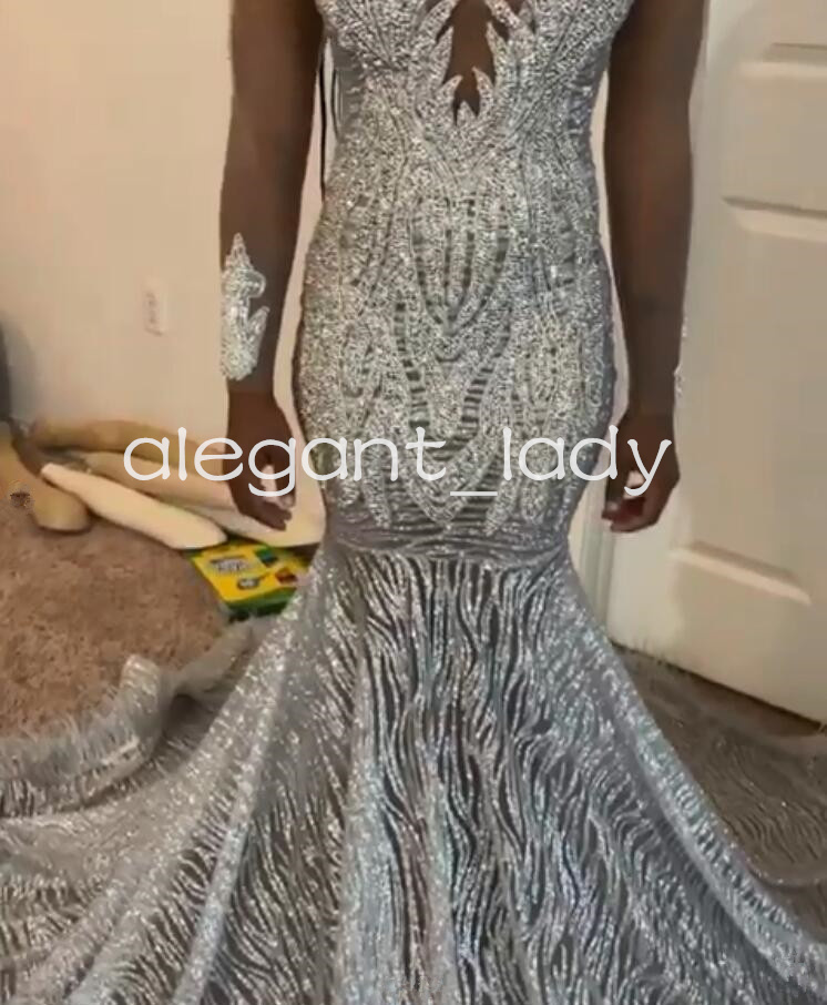Silver Diamond Sparkly Mermaid Prom Formal Dresses for Black Girl 2024 Luxury Diamond Gillter Evening Gown vestidos para mujer