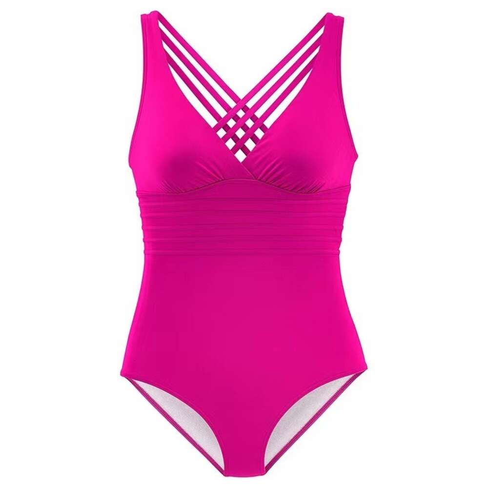 2024 New Deep V Sexy Open One Piece with Cross Back Solid Color Swimsuit for Women