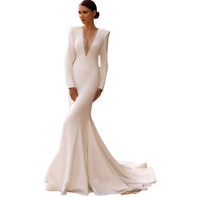 Simple Ivory Mermaid Wedding Dresses Crystals Beaded Sheer V-Neck Long Sleeves Elegant Satin Bridal Gowns Sweep Train Bride Reception Dress 2024