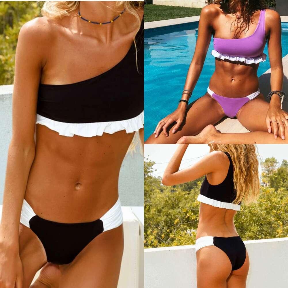 2024 New Split One Shoulder Bikini Sexy Wood Ear Edge Solid Color Swimsuit