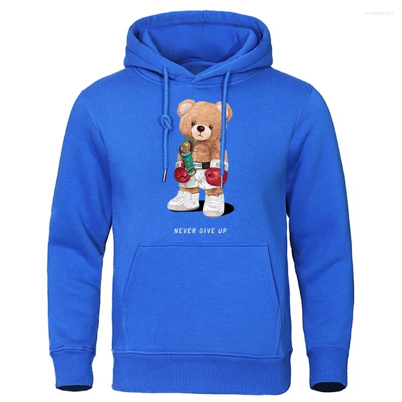 Men's Hoodies Strong Boxer Teddy Bear Never Give Up Print Clothing Mens Fashion Loose Warm Fleece Sweatshirt Casual Oversized Menswear
