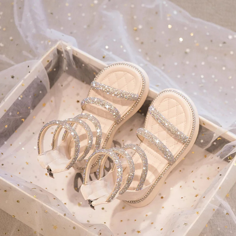 Summer Children's Girls Gladiator Sandals Rhinestone Crystal Princess Solf Shoes Non-slip Breathable Fashion Kids Sandals Girls 240328