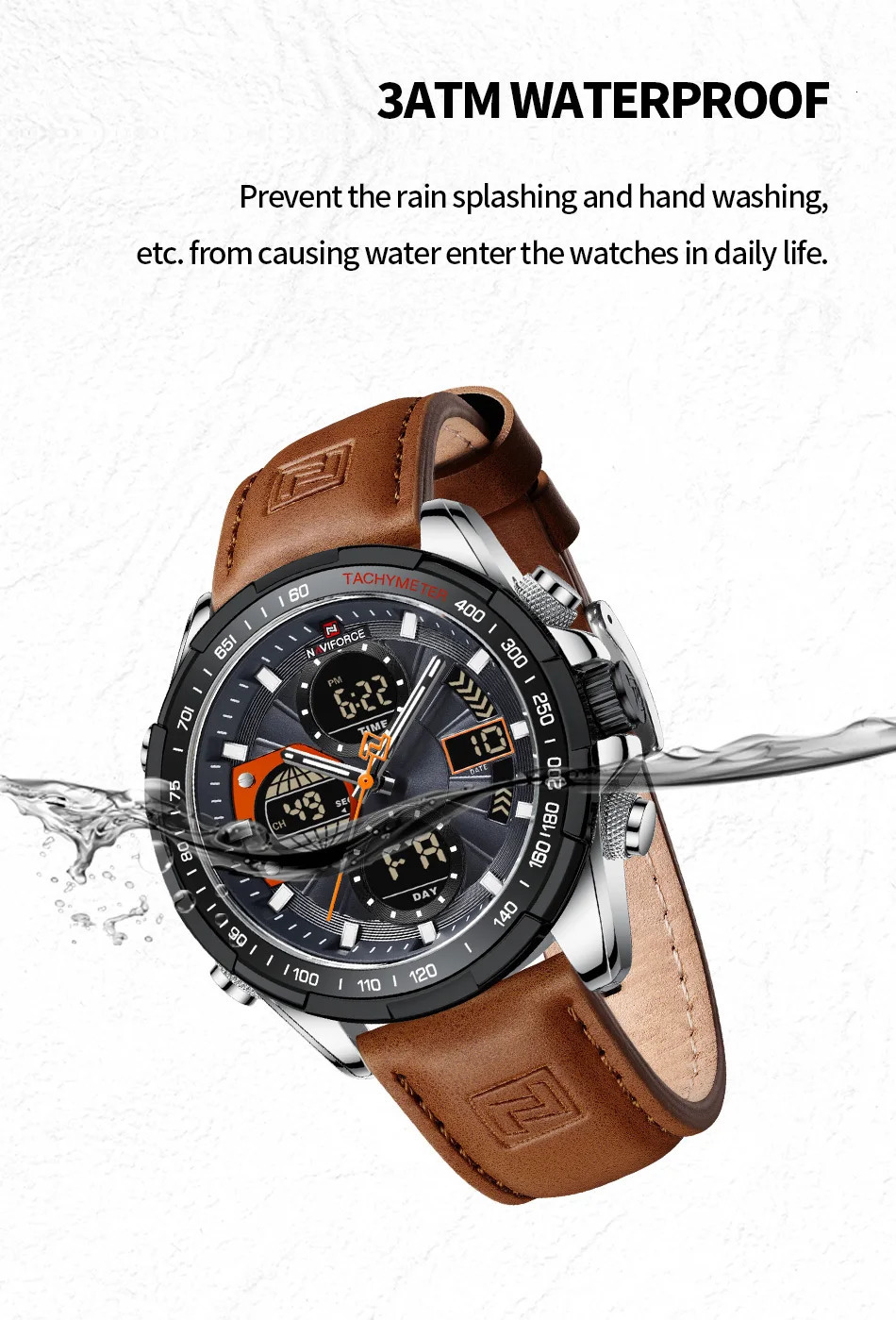 NAVIFORCE Sport Watches for Men Strong Luminous Dual Display Waterproof Quartz Genuine Leather Wristwatch Relogio Masculino 240227