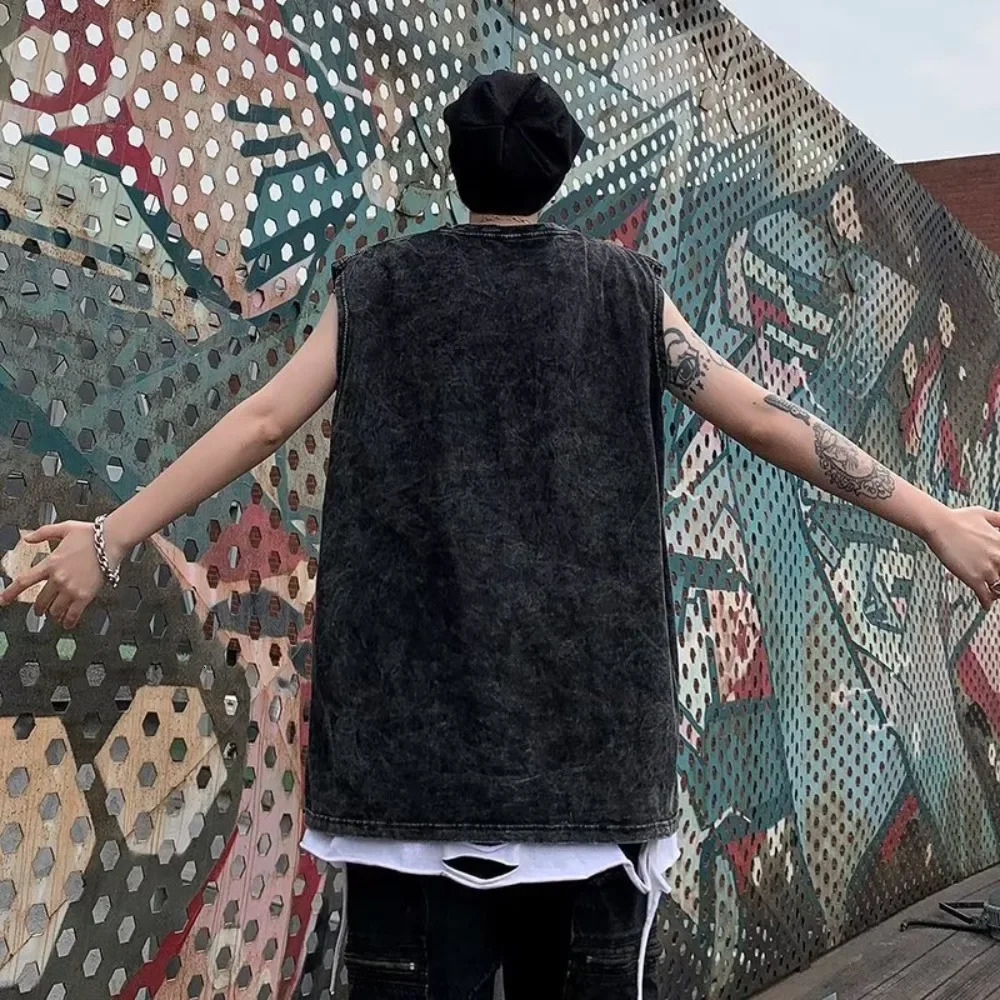 230gsm Cotton Washed Solid Sleeveless Tshirt Casual Sports Vest Summer American Retro Oneck Unisex Fashion Loose Vests 240304Z