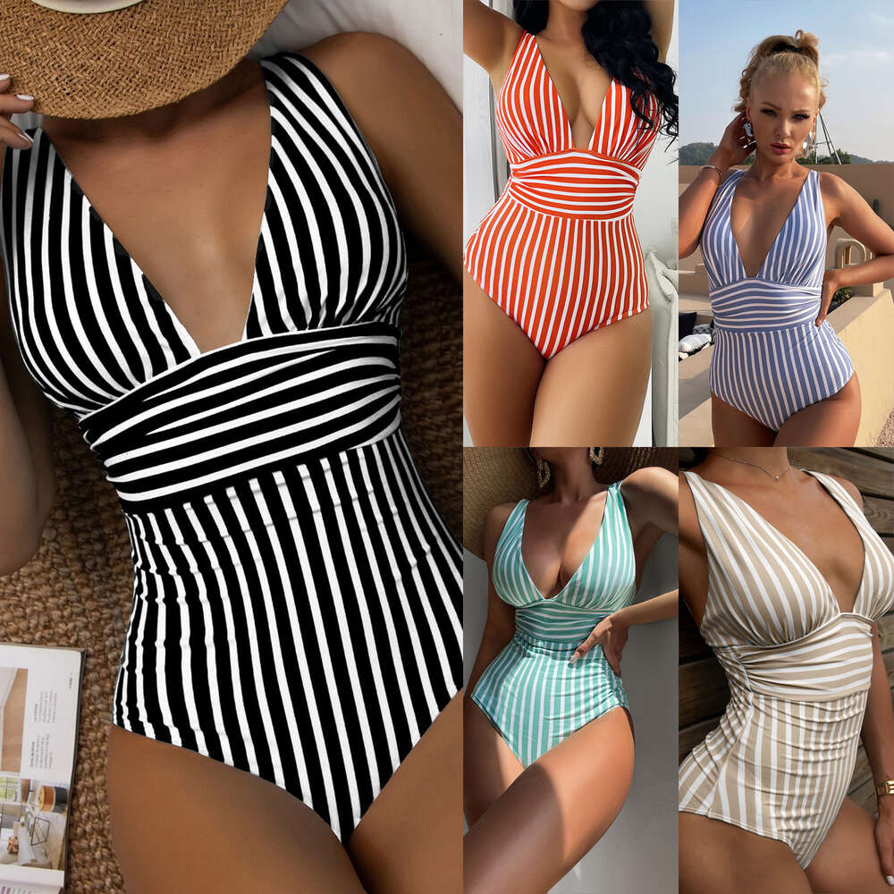 2024 New One-piece Large V-neck Striped Backless Women's Sexy Swimsuit