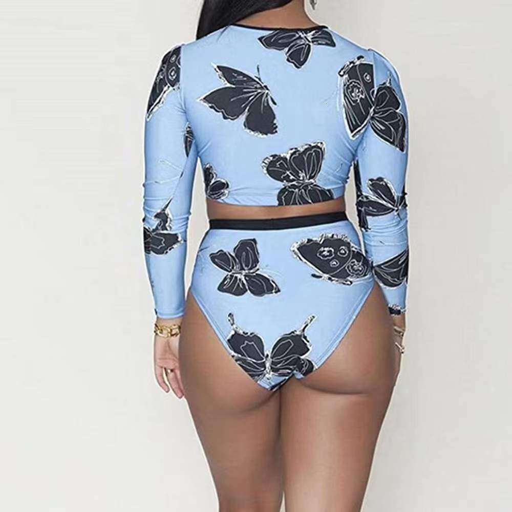 2024 New Long Sleeved High Waist Women's Split Bikini Blue White Black Swimsuit