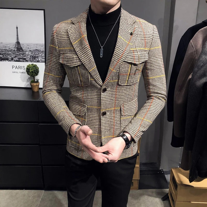 Spring Men Plaid Blazers British Printed Wedding Business Casual Blazer Suit Jacket Male Formal Blazers Plus Size S-3XL 240306