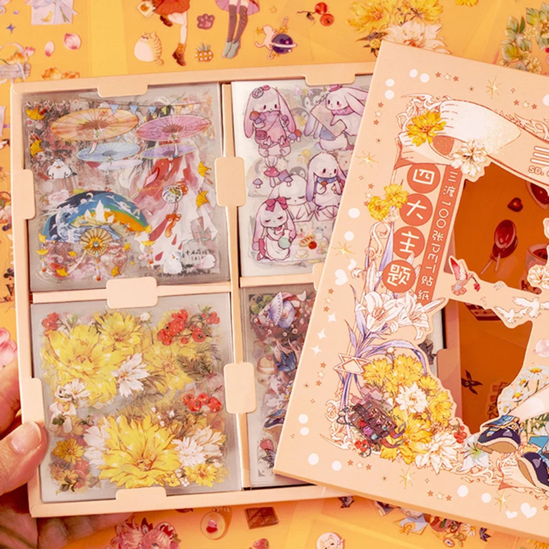 100Pcs Flower PET Stickers Kawaii Decoration Sticker Transparent Adhesive Sticker DIY Diary Journal Scrapbooking Stationery 240229