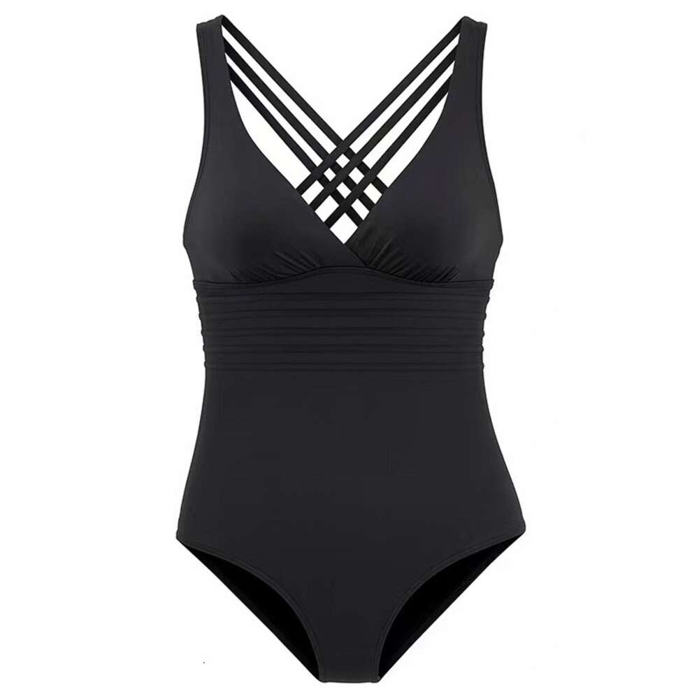 2024 New Deep V Sexy Open One Piece with Cross Back Solid Color Swimsuit for Women