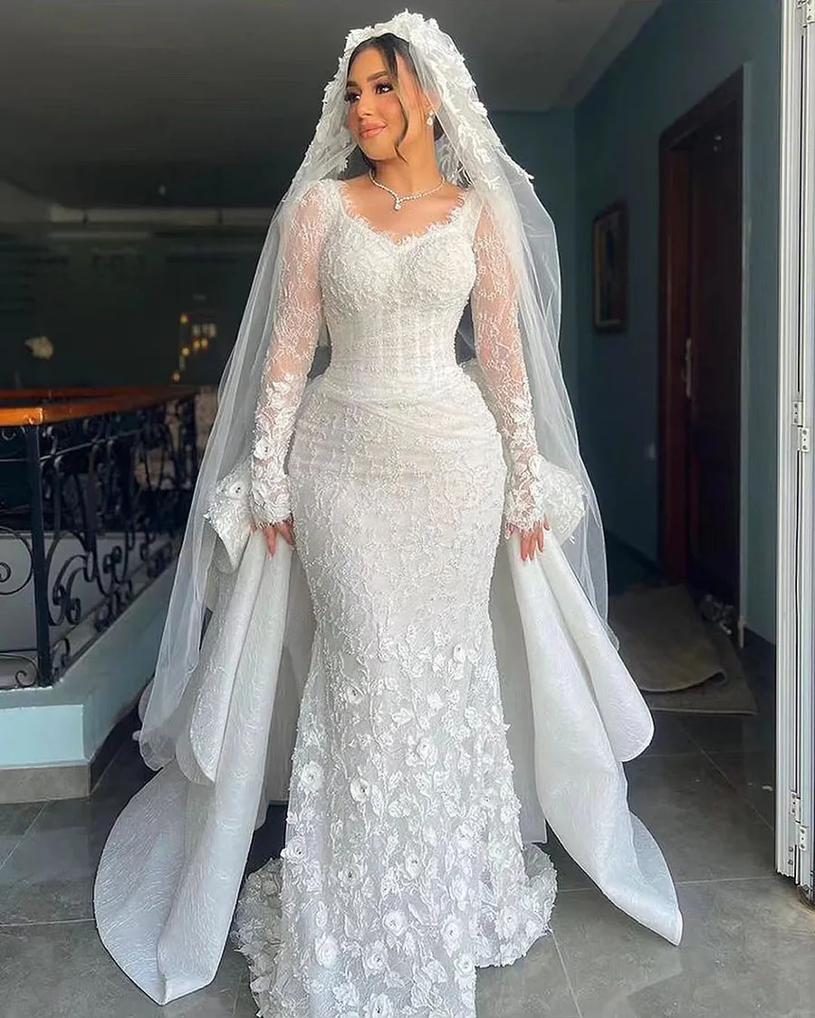 Middle East Long Sleeves Wedding Mermaid Dresses Detachable Train Longsleeve 3D-Ral Appliques Beaded Engagement Lace 6660311