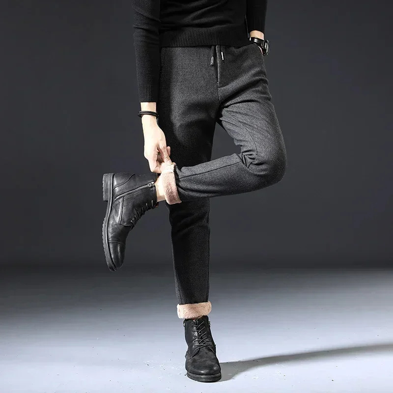 Winter Fleece Warm Casual Pants Men Brushed Fabric Business Work Fashion Slim Thick Flocking Velvet Cotton Black Trousers Male 240226