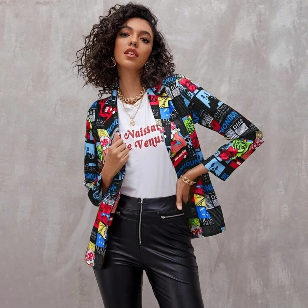 Autumn Vintage spaper Print Suit Women Casual Blazers Coat Spring Fashion Top Jacket Elegant Lady Stylish Streetwear 240306