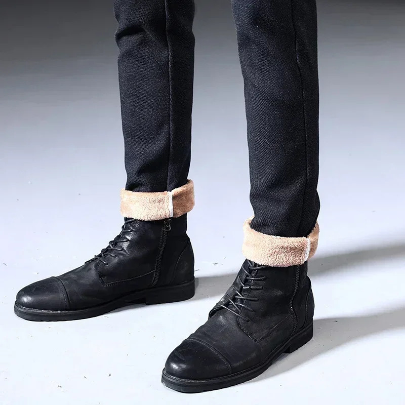 Winter Fleece Warm Casual Pants Men Brushed Fabric Business Work Fashion Slim Thick Flocking Velvet Cotton Black Trousers Male 240226