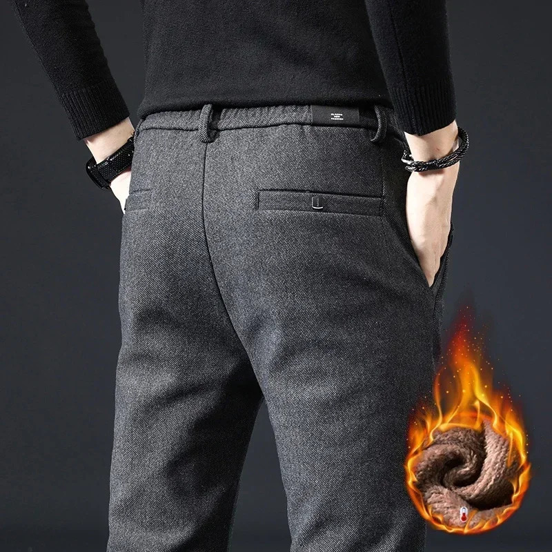 Winter Fleece Warm Casual Pants Men Brushed Fabric Business Work Fashion Slim Thick Flocking Velvet Cotton Black Trousers Male 240226