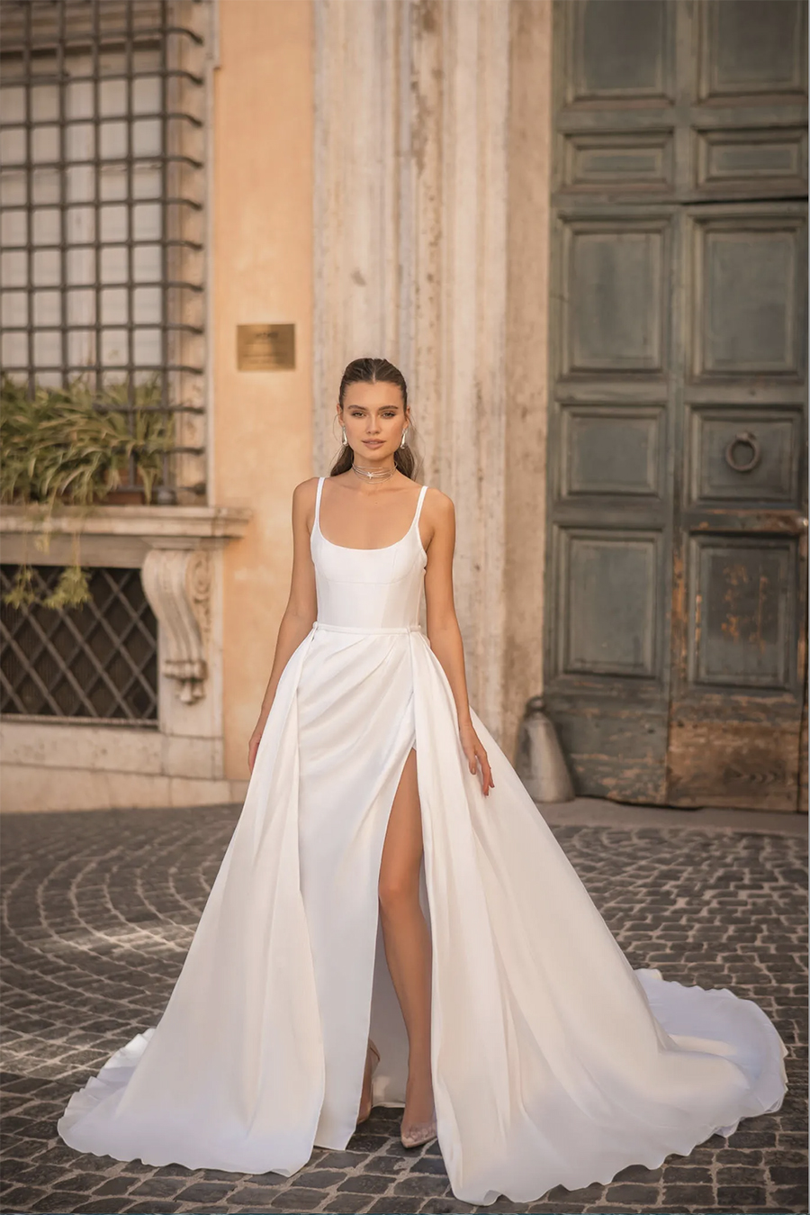 Berta A Line Dresses for bride Spaghetti Satin Overskirts Wedding Dress vestidos de novia Thigh Slit designer bridal gowns 0509