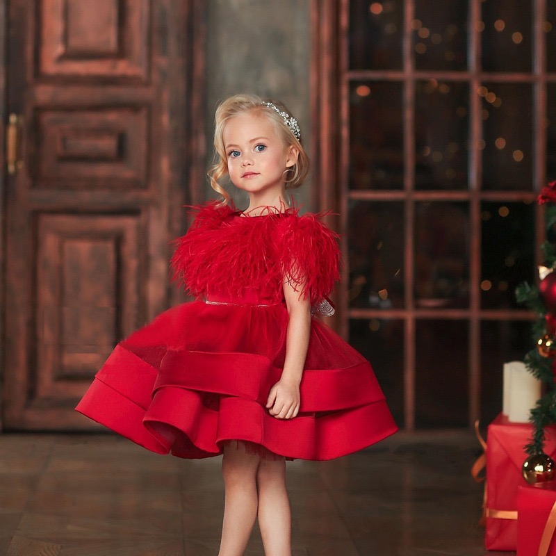 feather red flower girl dresses new girl wedding dresses cheap communion pageant dresses gowns Tutu Gown little Girl Dress for Wedding Ceremony Summer