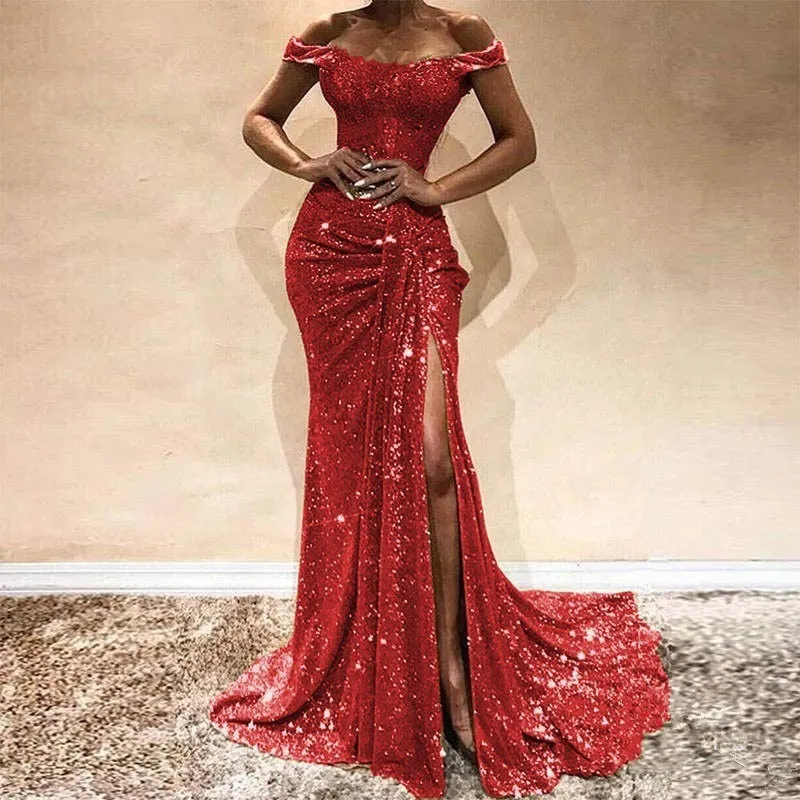 Sale Hot Bury Mermaid Prom Dress Lace Appliques Sexy Slit Sequined Off Shoulder Evening Gowns Long Sleeve Formal Dresses