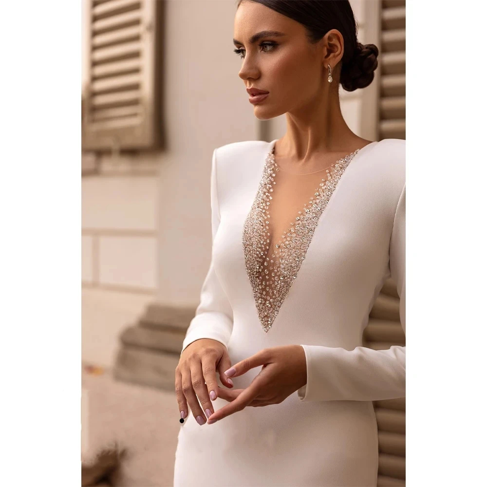 Simple Ivory Mermaid Wedding Dresses Crystals Beaded Sheer V-Neck Long Sleeves Elegant Satin Bridal Gowns Sweep Train Bride Reception Dress 2024