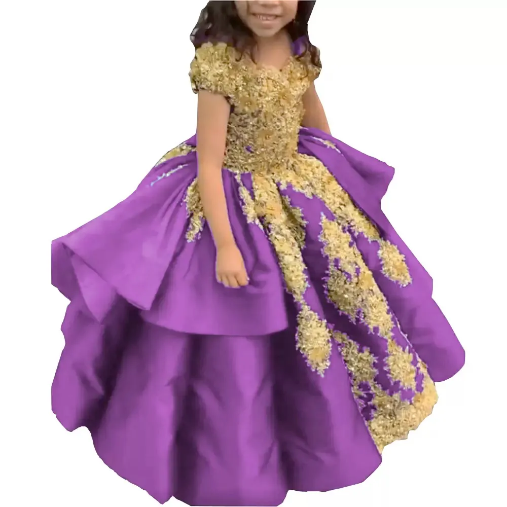 Royal Blue And Gold Girls Graduation Pageant Dresses Ball Gown Crystal Short Sleeve Lace Up First Communion Dress Party Formal 6660306