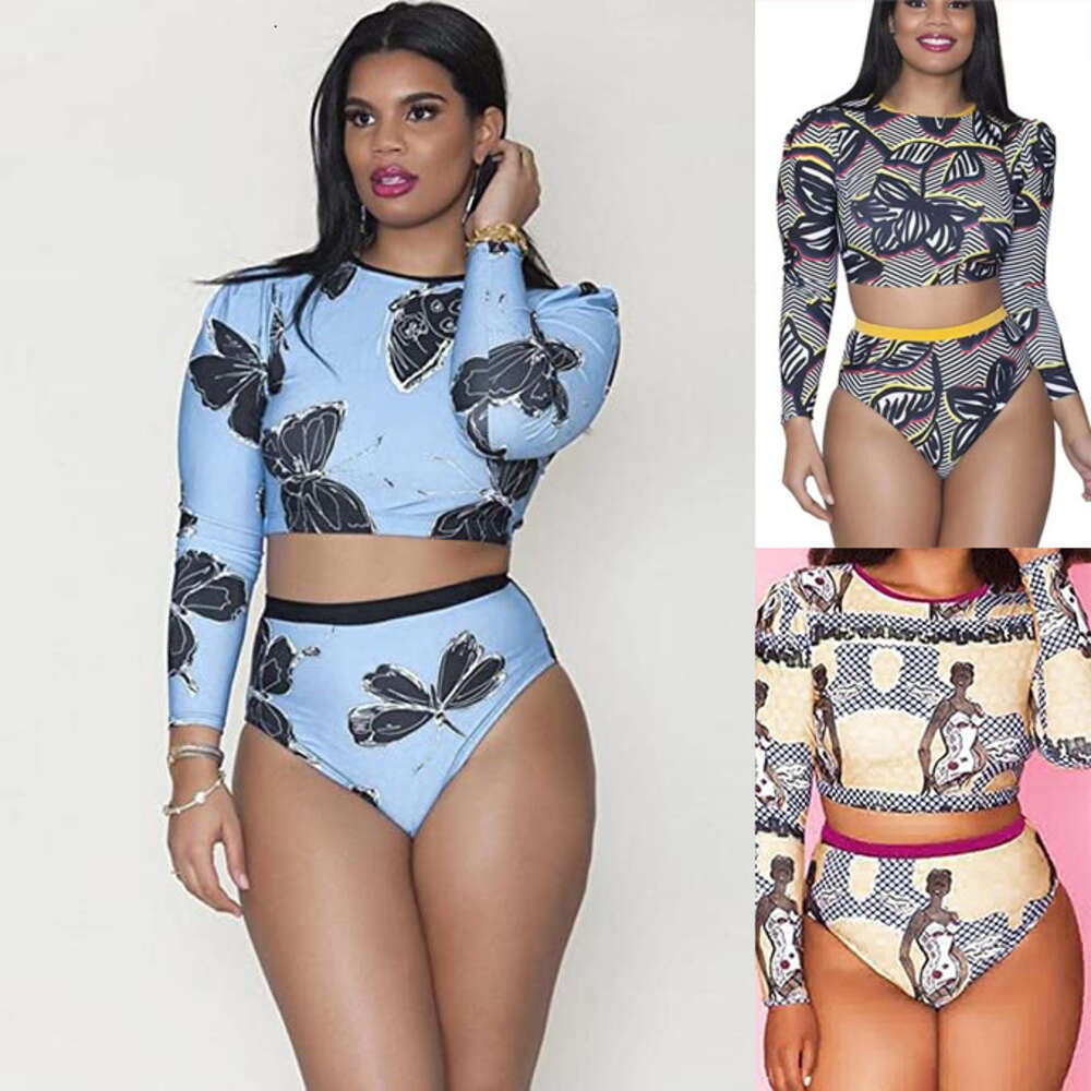 2024 New Long Sleeved High Waist Women's Split Bikini Blue White Black Swimsuit