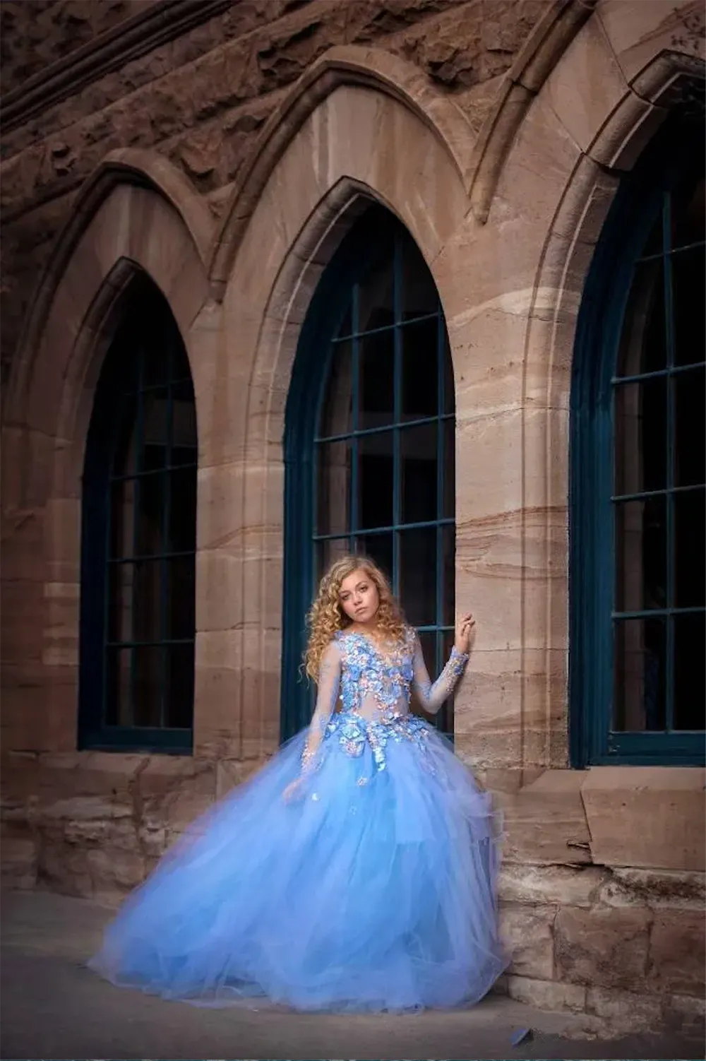 Blue Princess Wers Girls Dresses For Wedding Long Sleeve Appliques Beads Ball Gown Kids Pageant Gowns First Holy Communion Dress 0914