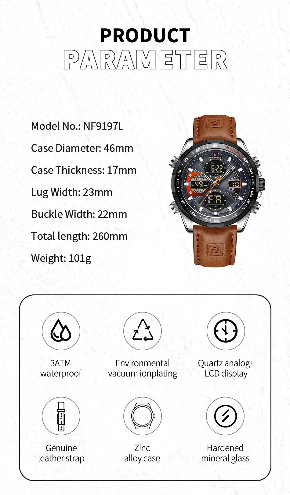 NAVIFORCE Sport Watches for Men Strong Luminous Dual Display Waterproof Quartz Genuine Leather Wristwatch Relogio Masculino 240227
