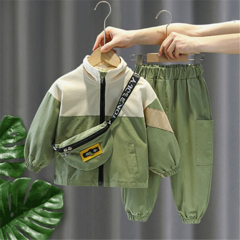 2024 New Children's Fashion and Handsome Suit spell color girl and Boys' Spring Sports Clothes Tide Two piece Set With a bag
