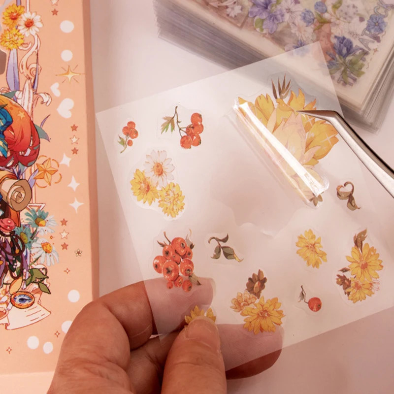 100Pcs Flower PET Stickers Kawaii Decoration Sticker Transparent Adhesive Sticker DIY Diary Journal Scrapbooking Stationery 240229