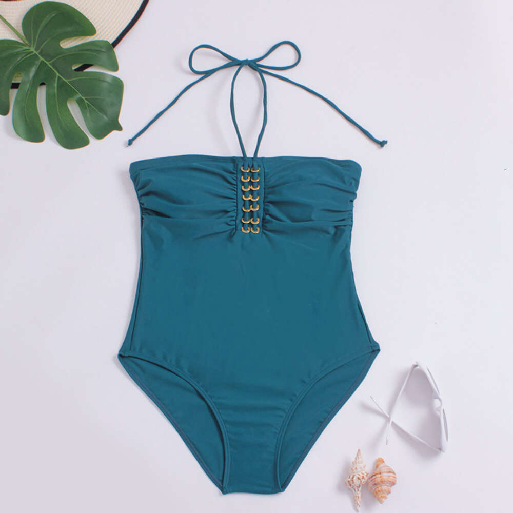 2024 New Women's One Piece Sexy Hanging Neck Soft Bag Metal Ring Swimsuit