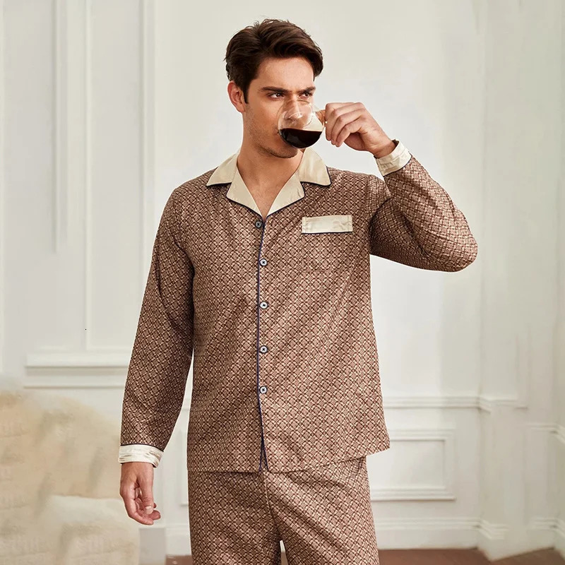 Spring And Autumn Mens Pajamas Sets Silk Longsleeved Sleepwear Ice Plus Size Home Clothing Pyjamas Suit Wear 240307
